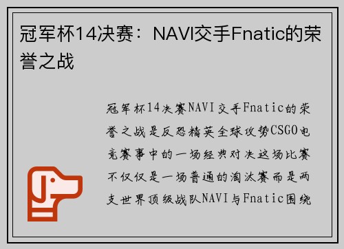 冠军杯14决赛：NAVI交手Fnatic的荣誉之战